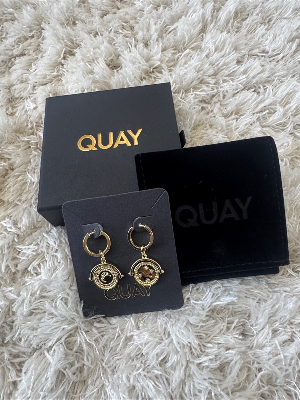 Quay Australia Gold Medallion Hoop Drop Earrings with Black Accents
